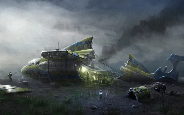 Sci-fi HD PC desktop wallpaper: a damaged spaceship rests in a foggy marsh, scattered wreckage and tiny silhouetted figures beneath brooding storm clouds.