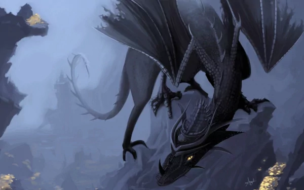 HD fantasy PC desktop wallpaper featuring a fierce black dragon with large wings soaring over a misty, mountainous landscape.