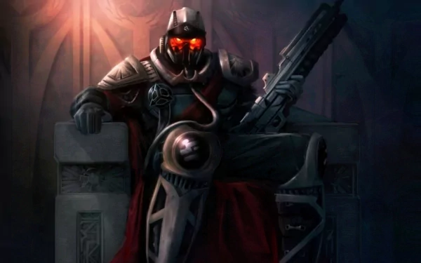 Killzone 2 video game HD PC desktop wallpaper: armored Helghast soldier with glowing orange eyes sits on a throne, clutching a massive rifle against a dark, warlike backdrop.