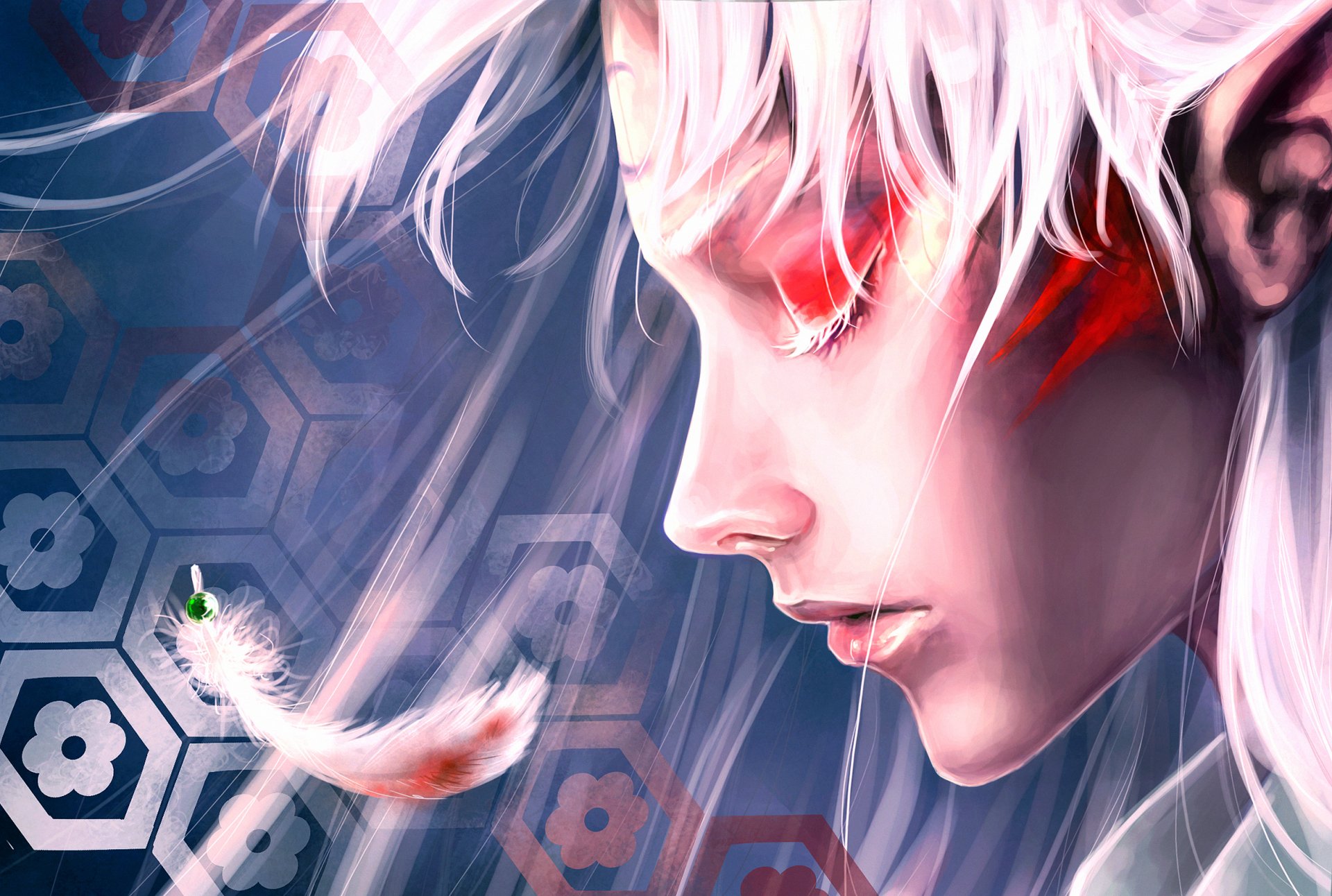 A fantasy-themed HD wallpaper featuring a woman with striking features, white hair, and ethereal expression, surrounded by a delicate feather and vibrant, geometric patterns.