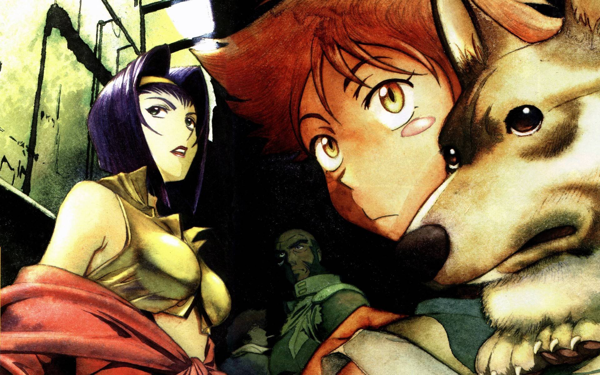 HD PC desktop wallpaper featuring key characters from the anime Cowboy Bebop, showcasing Spike, Faye, Jet, and the dog Ein in a dynamic, stylized scene.