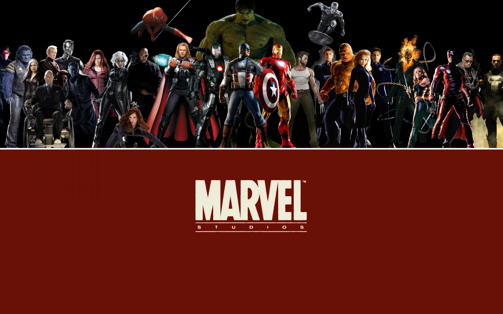 HD PC desktop wallpaper featuring a collage of Marvel movie characters lined up above the iconic Marvel logo on a red background.
