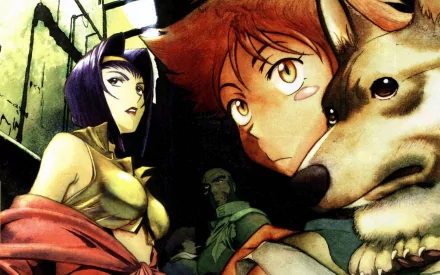 HD PC desktop wallpaper featuring key characters from the anime Cowboy Bebop, showcasing Spike, Faye, Jet, and the dog Ein in a dynamic, stylized scene.