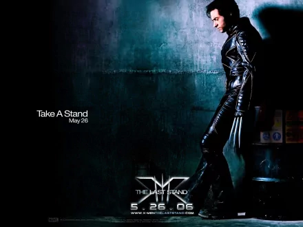 Hugh Jackman as Wolverine in an HD wallpaper featuring the movie X-Men: The Last Stand, showcasing a dramatic pose against a textured backdrop with the film's release date.