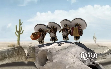 HD PC desktop wallpaper from the movie Rango: four sombrero‑wearing mariachi-style desert musicians standing on a rock among cacti under a blue sky, Rango logo in the corner.