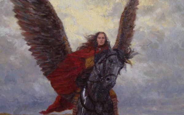 A majestic pegasus with large wings carries a figure in a flowing red cloak against a dramatic sky, creating a captivating fantasy scene for a HD desktop wallpaper.