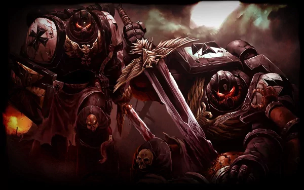 A dark warrior duo from Warhammer stands ready for battle, brandishing weapons against a foreboding backdrop in this striking HD video game wallpaper.