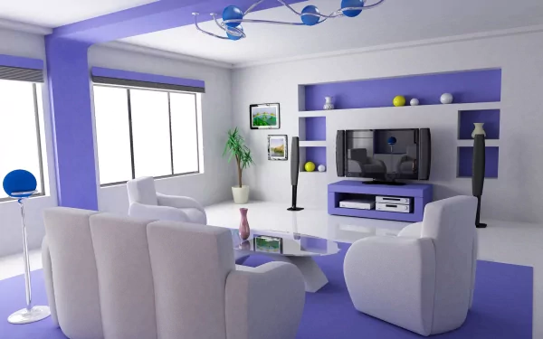 A modern living room featuring a purple color scheme, white sofas, and a sleek entertainment unit. The bright space is enhanced by natural light and decorative accents.