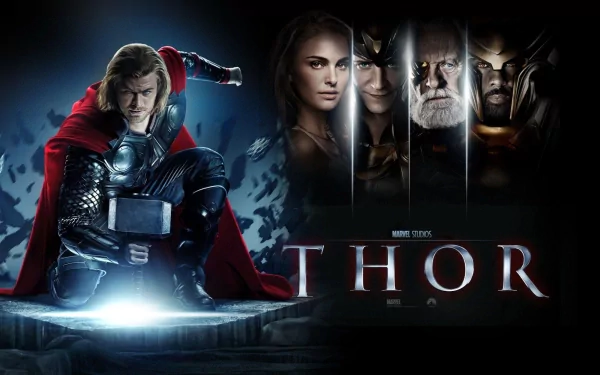 HD wallpaper featuring characters from Marvel's Thor, including Chris Hemsworth as Thor, Natalie Portman as Jane Foster, Odin, Heimdall, and Loki. 