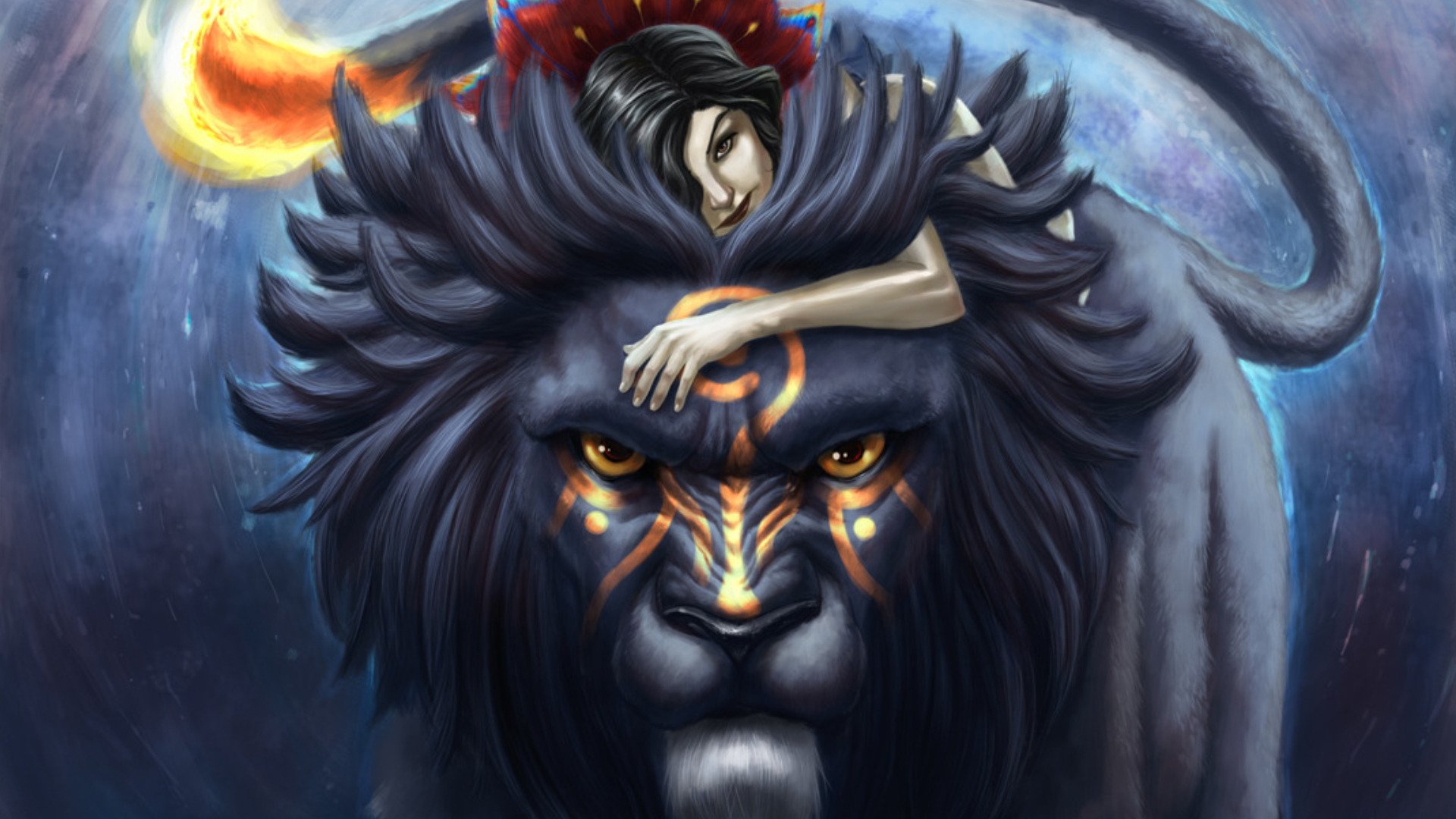 A captivating fantasy scene featuring a powerful lion adorned with mystical markings, complemented by a serene figure resting gently on its back, set against a cosmic backdrop.