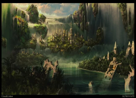 HD desktop wallpaper depicting a fantastical city with ruins, surrounded by lush vegetation and waterfalls, giving the appearance of a mystical, ancient castle hidden in nature.