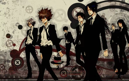 A dynamic HD desktop wallpaper featuring characters from Katekyō Hitman Reborn! walking confidently in suits against a stylish, textured background.