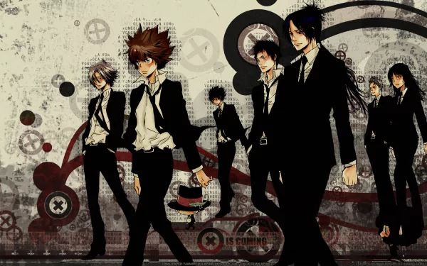 A dynamic HD desktop wallpaper featuring characters from Katekyō Hitman Reborn! walking confidently in suits against a stylish, textured background.