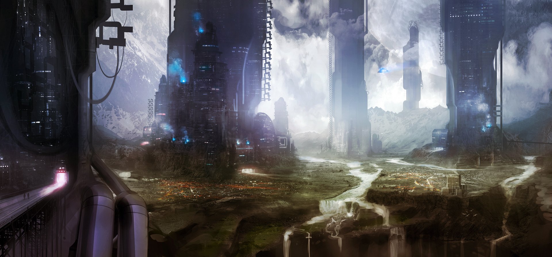 A stunning sci-fi city landscape featuring towering skyscrapers, swirling clouds, and a winding river, creating a captivating backdrop for your HD desktop wallpaper.