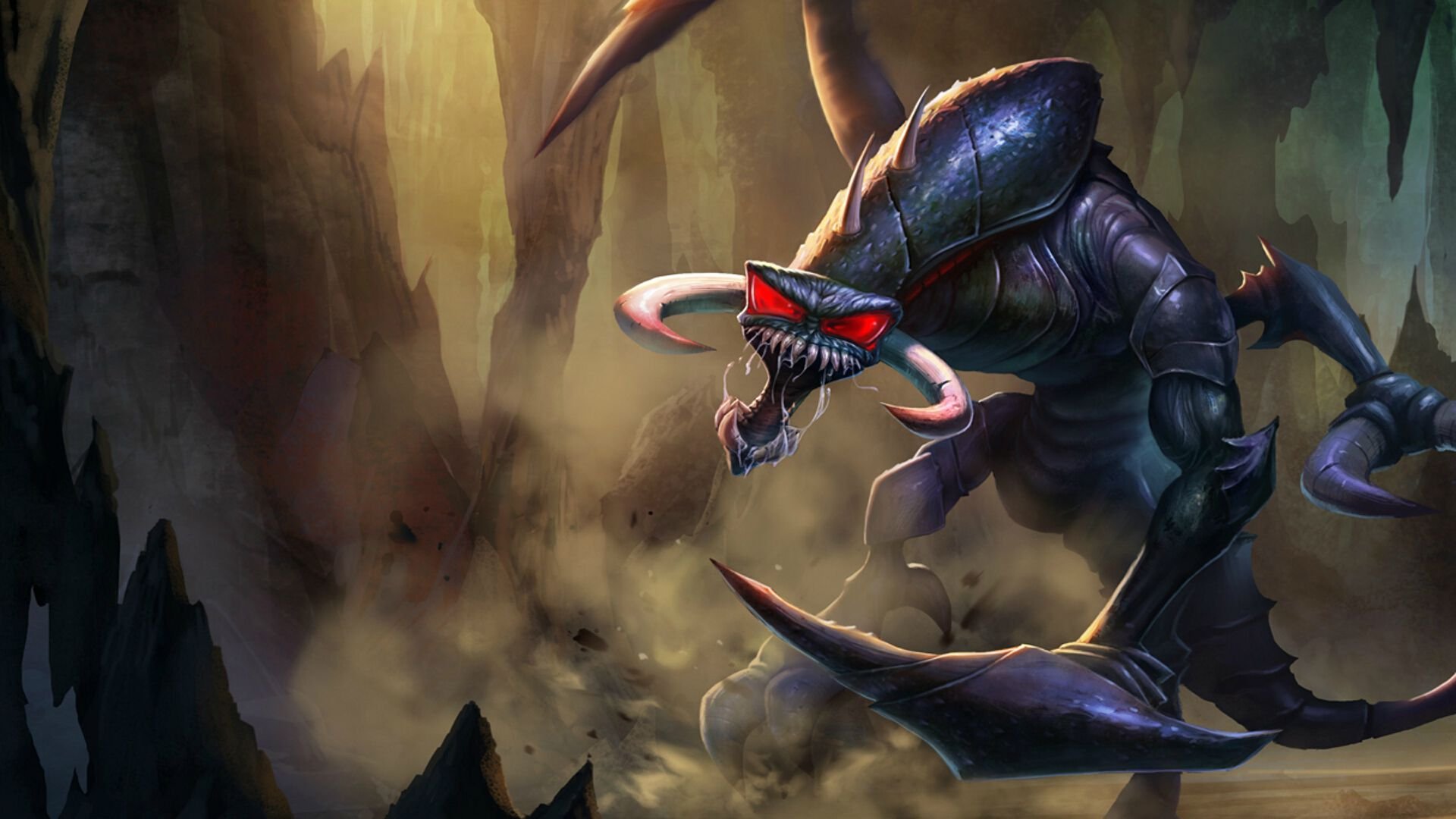 HD desktop wallpaper featuring Cho'gath, a monstrous character from the video game League of Legends, set against a dark, rocky background.