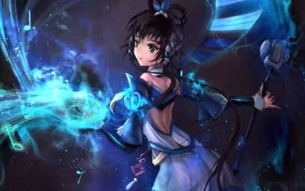 A vibrant HD desktop wallpaper featuring Luo Tianyi, the Anime Vocaloid, surrounded by musical notes and ethereal blue energy, capturing her enchanting presence and artistic flair.