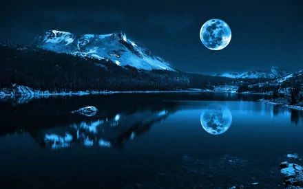 A serene fantasy landscape featuring a tranquil lake surrounded by mountains under a bright full moon, presented as a stunning HD desktop wallpaper.