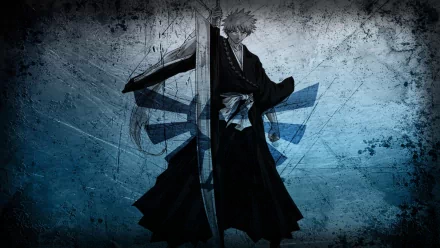 HD wallpaper featuring Ichigo Kurosaki from the anime Bleach, showcasing his iconic stance with a sword against a textured blue background.
