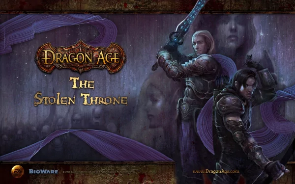 HD PC desktop wallpaper for Dragon Age: Origins: two armored warriors back-to-back, one raising a sword amid purple banners, The Stolen Throne title — video game warrior fantasy art.