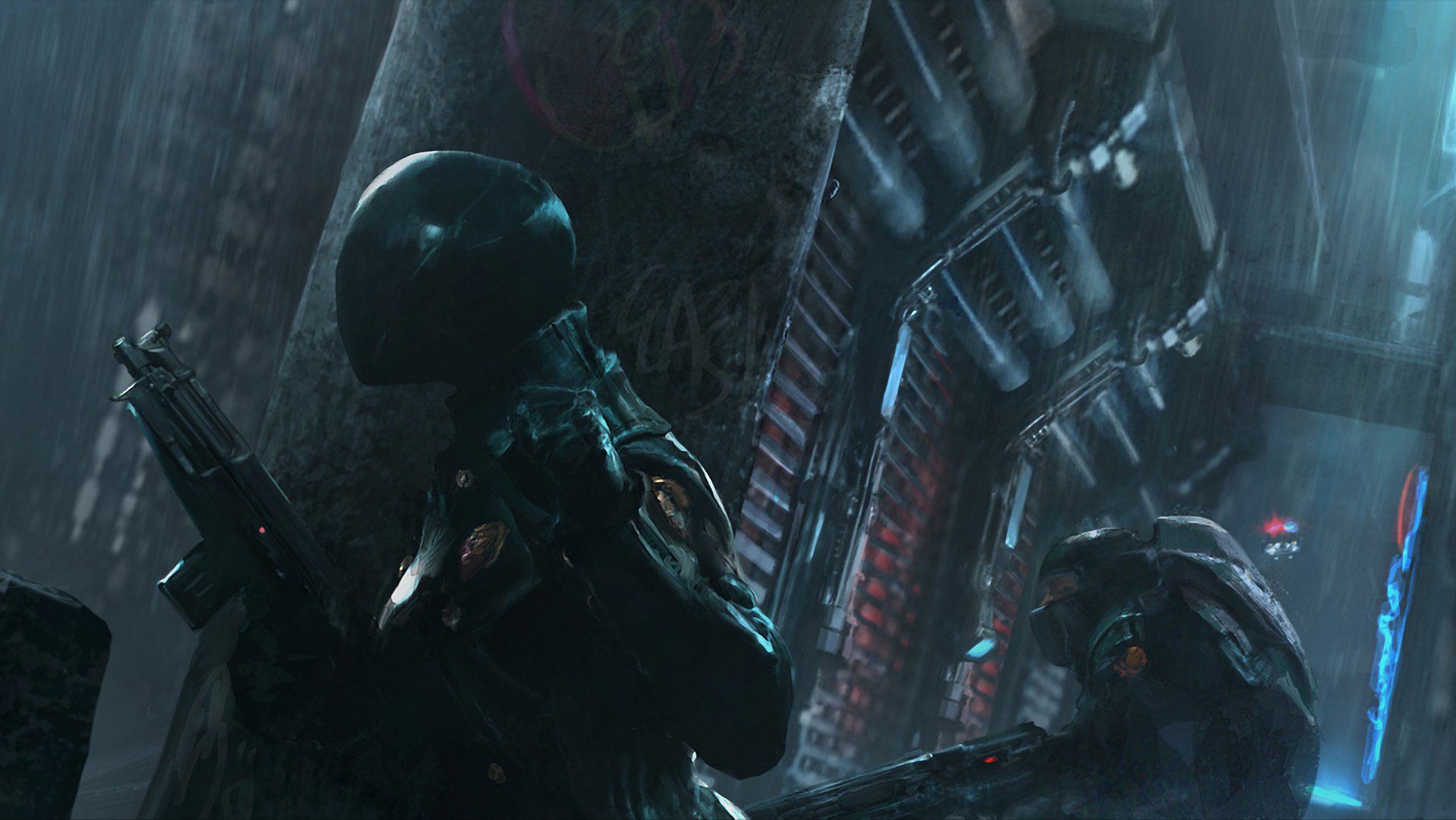 A fierce woman warrior stands in a dark, futuristic street, wielding a pistol, surrounded by sci-fi elements. The atmosphere is intense, capturing a scene of action and intrigue.