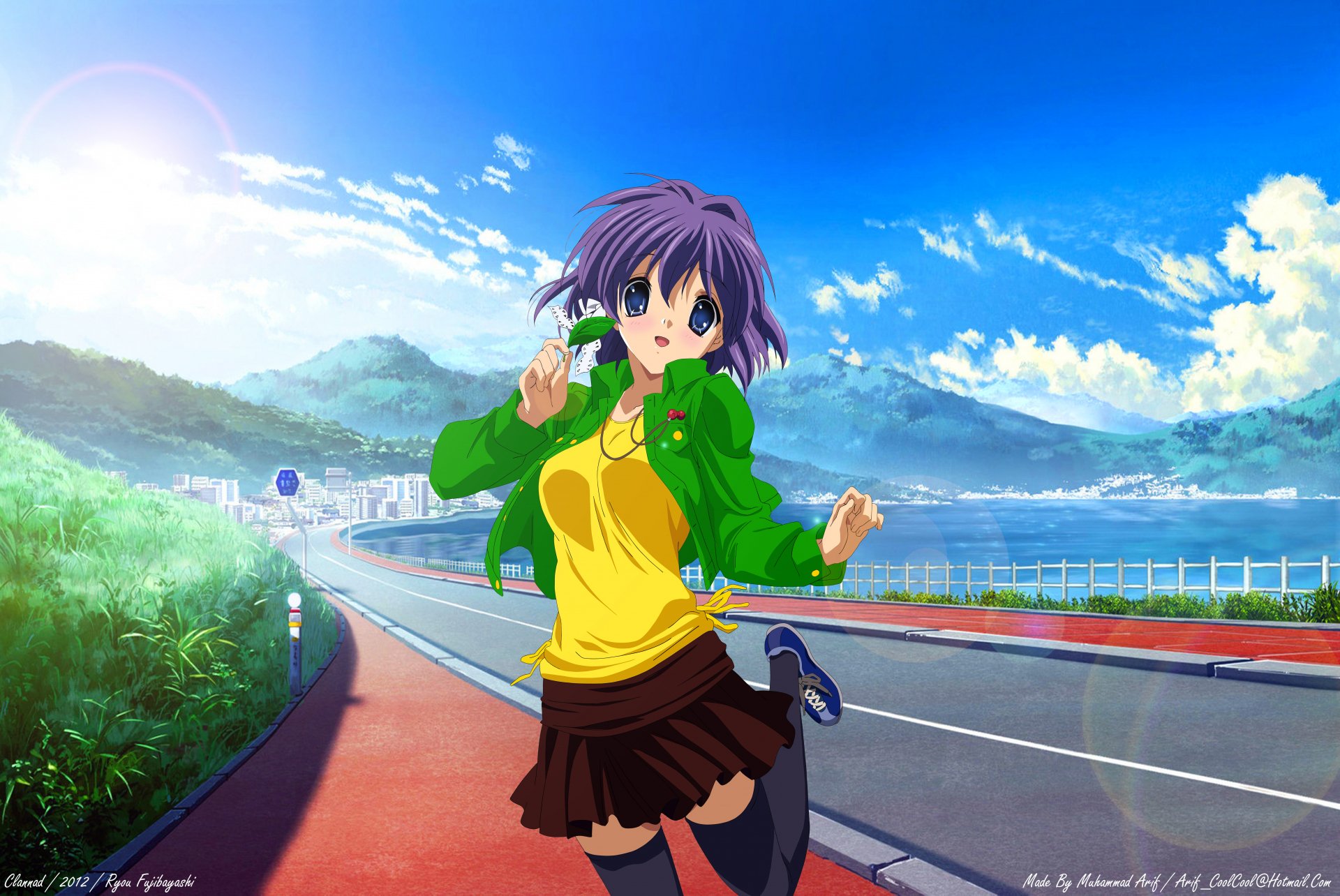 Ryou Fujibayashi with short purple hair and blue eyes running along a coastal road under a bright sky, green jacket and skirt — Clannad anime 5K Ultra HD PC wallpaper.