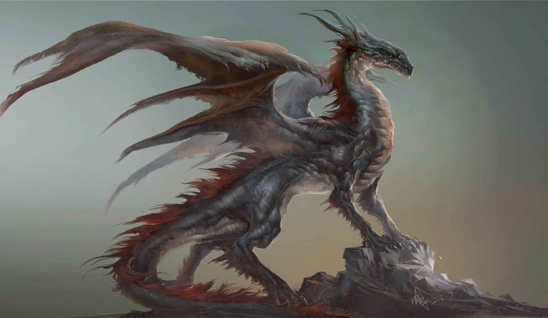 A majestic dragon stands atop a rocky outcrop, its wings spread wide, set against a dramatic background. This HD wallpaper captures the essence of fantasy adventure.