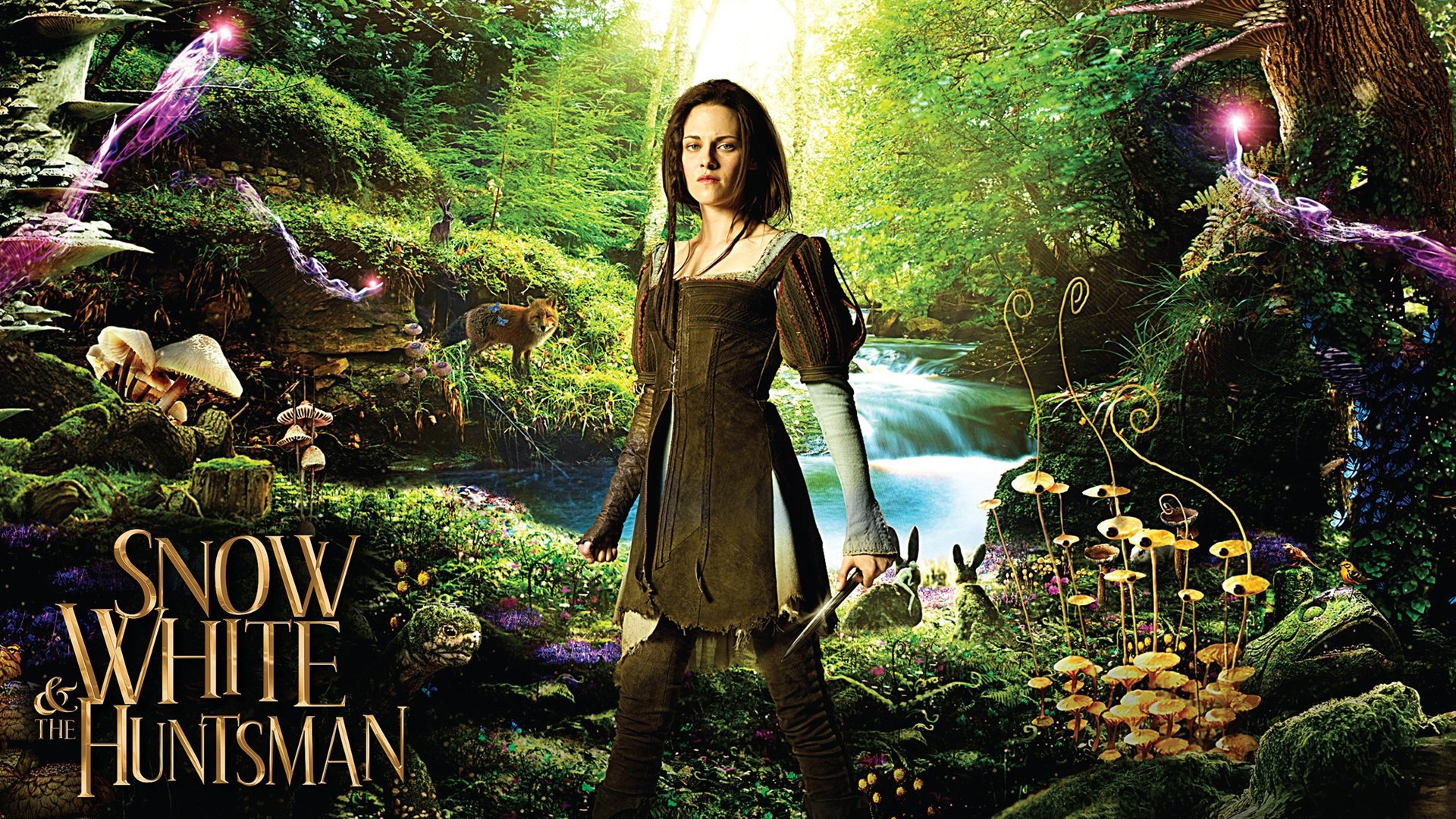 HD desktop wallpaper featuring Kristen Stewart as Snow White in the movie Snow White and the Huntsman, set in a mystical forest background.
