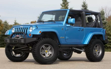 HD desktop wallpaper featuring a vibrant blue Jeep with off-road tires, parked outdoors with a backdrop of trees.