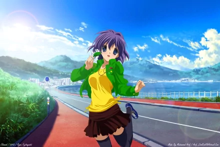 Ryou Fujibayashi with short purple hair and blue eyes running along a coastal road under a bright sky, green jacket and skirt — Clannad anime 5K Ultra HD PC wallpaper.