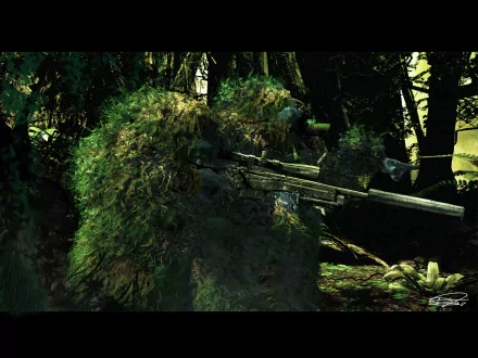 A camouflaged marine sniper hides in a dense forest, poised with a high-definition rifle. This striking image captures the essence of military precision and stealth.
