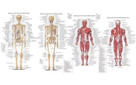 A detailed anatomical illustration featuring four views of the human body, showcasing skeletal and muscular structures, designed as an artistic HD desktop wallpaper.