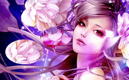 A captivating HD desktop wallpaper featuring a fantasy-themed woman surrounded by soft pink flowers against a vibrant purple background.