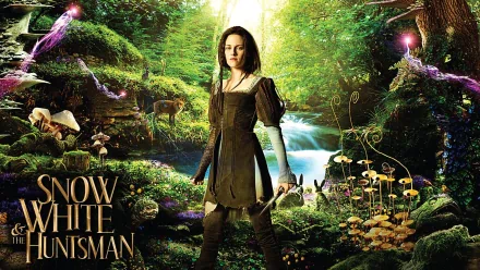 HD desktop wallpaper featuring Kristen Stewart as Snow White in the movie Snow White and the Huntsman, set in a mystical forest background.