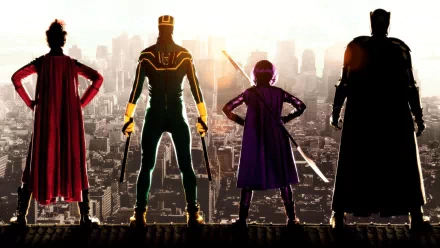 HD PC desktop wallpaper of Red Mist, Big Daddy, Hit-Girl, and Kick-Ass standing on a rooftop overlooking a cityscape from the movie Kick-Ass.