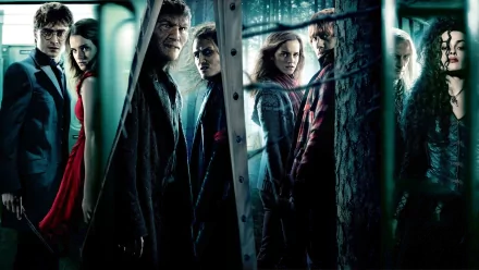 A dynamic HD wallpaper from Harry Potter and the Deathly Hallows: Part 1, featuring iconic characters like Harry Potter, Hermione Granger, Ron Weasley, Lucius Malfoy, and Bellatrix Lestrange.