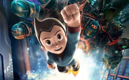 Astro Boy soars through the sky, fist raised confidently, accompanied by a formidable robot in a vibrant, action-packed scene from the iconic movie. Perfect HD wallpaper for fans.