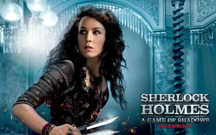Noomi Rapace as a fierce character in Sherlock Holmes: A Game of Shadows, set against a dramatic backdrop. This striking HD wallpaper captures her intensity and the film's intrigue.