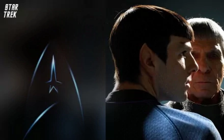 A dramatic HD wallpaper featuring Spock from Star Trek, showcasing two characters in a captivating sci-fi setting, with the iconic Starfleet insignia subtly in the background.