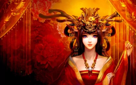 A captivating fantasy scene featuring a woman adorned in elaborate red and gold attire, complemented by a stunning headdress, set against a rich, vibrant background.