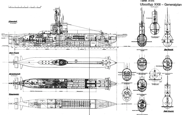 4K Ultra HD PC desktop wallpaper featuring a detailed military schematic of the U-boot Type XXIII submarine with multiple technical views and cross-sections.