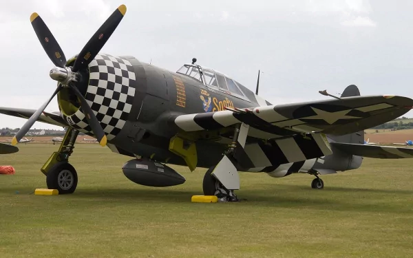 HD desktop wallpaper featuring a Republic P-47 Thunderbolt military aircraft with distinctive checkered nose and black-and-white wing stripes on a grassy airfield.