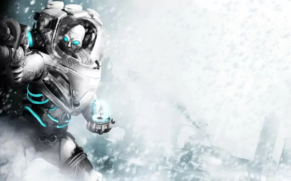 HD PC wallpaper: Mr. Freeze (DC Comics) from Batman: Arkham City — armored ice-suit, glowing blue eyes, holding a frosty cryo device against a snowy, ruined city backdrop.
