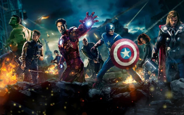 A dynamic HD wallpaper featuring The Avengers, showcasing iconic characters like Iron Man, Captain America, and Thor amid an epic battle scene with dramatic lighting and effects.