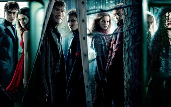 A dynamic HD wallpaper from Harry Potter and the Deathly Hallows: Part 1, featuring iconic characters like Harry Potter, Hermione Granger, Ron Weasley, Lucius Malfoy, and Bellatrix Lestrange.