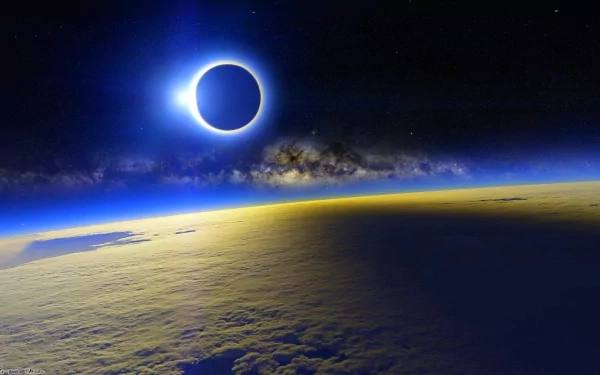 A stunning HD image of Earth from space, showcasing a serene view of clouds beneath a celestial eclipse, merging nature's beauty with the vastness of the universe.