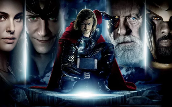 A dynamic HD wallpaper featuring Thor (Chris Hemsworth) in a heroic pose, surrounded by figures of Odin, Heimdall, and Loki, embodying the essence of Marvel's Thor universe.