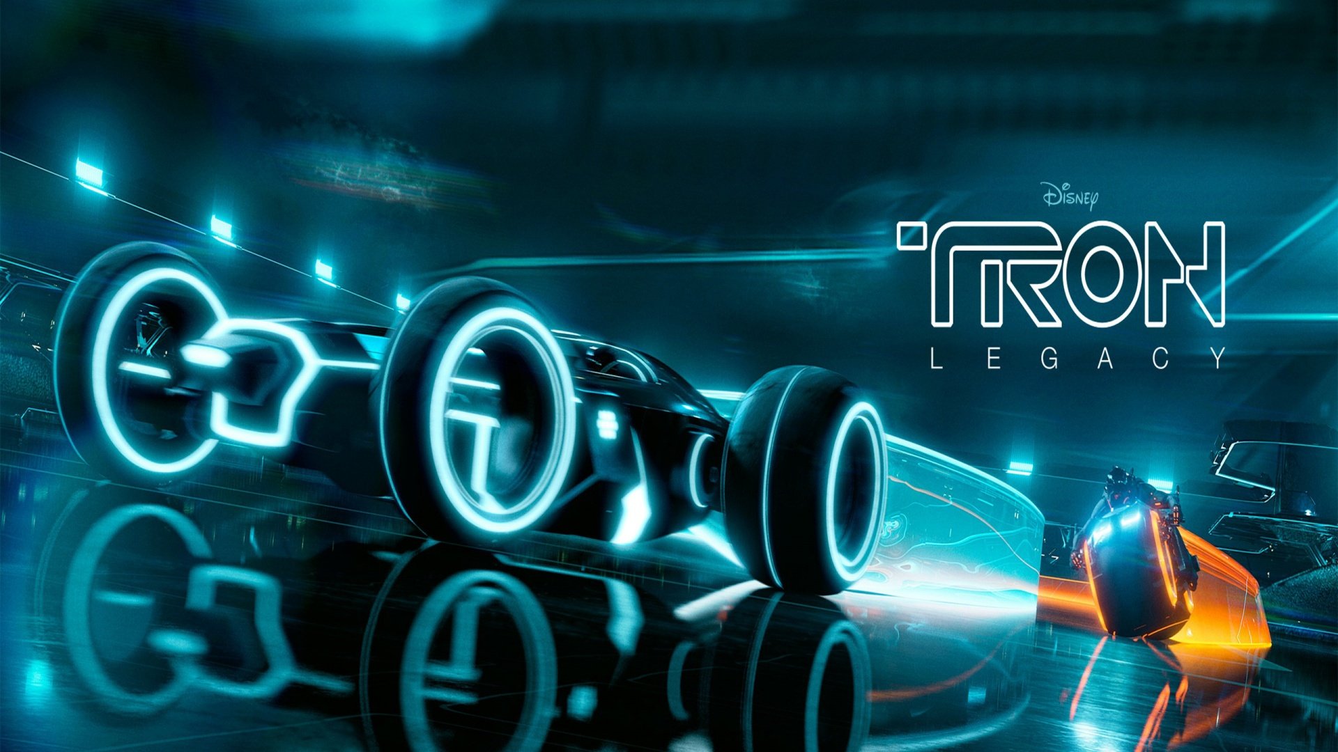 HD PC desktop wallpaper from the movie TRON: Legacy showing glowing lightcycles racing on a reflective neon grid with the TRON: Legacy logo.