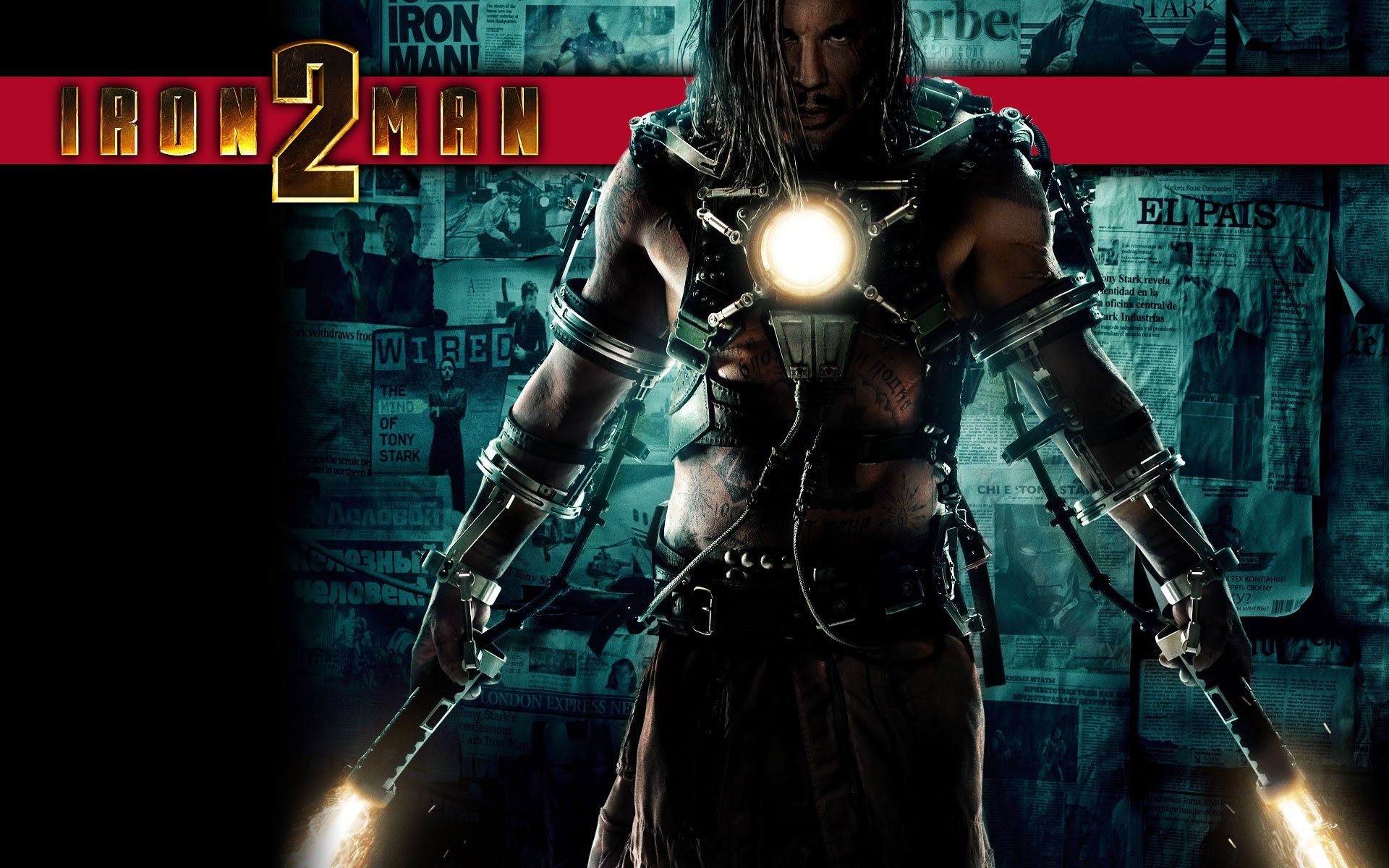 HD PC desktop wallpaper of Ivan Vanko, played by Mickey Rourke, from the movie Iron Man 2, featuring his electrified suit and glowing chest reactor.