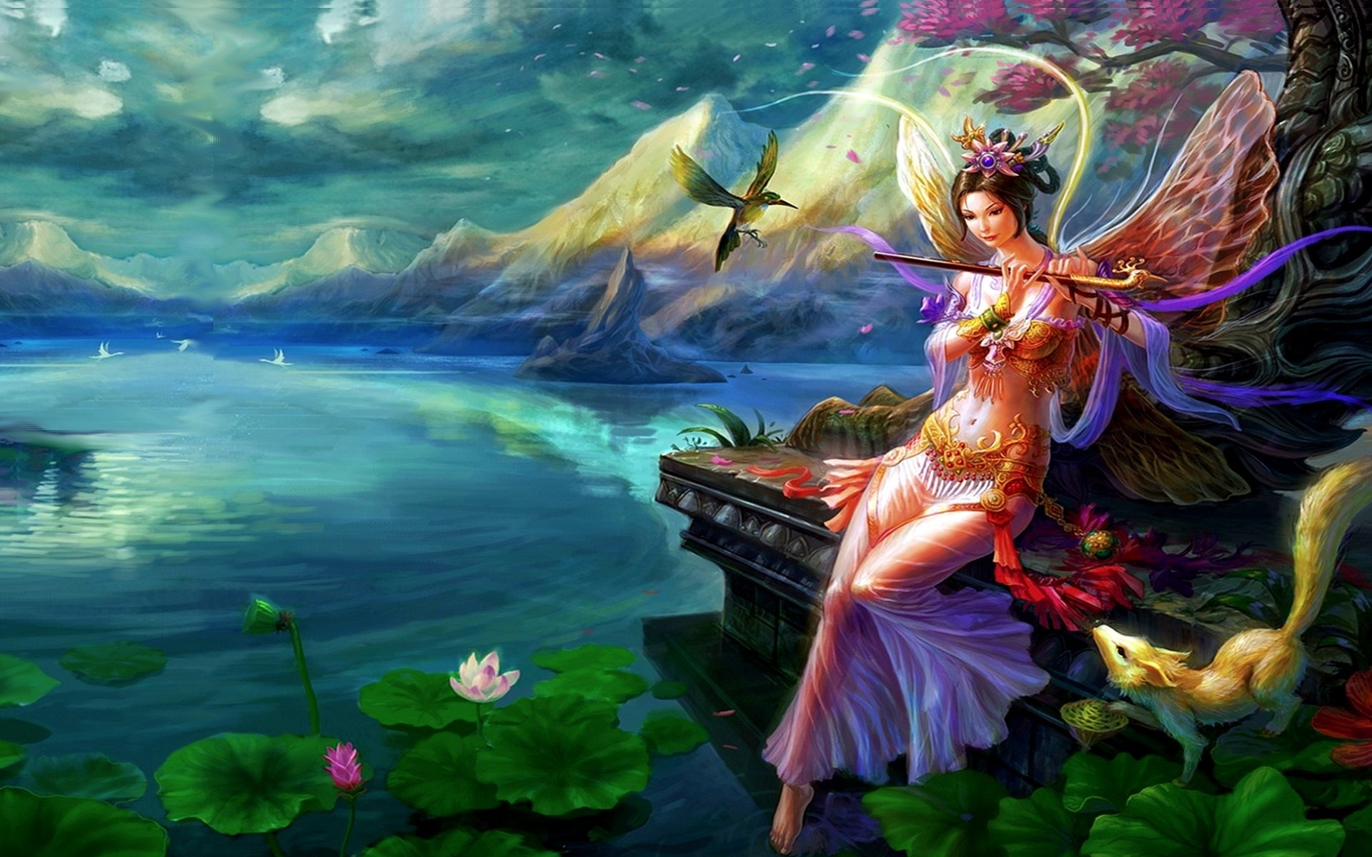 A captivating fantasy scene featuring a woman with butterfly wings sitting by a serene lake, surrounded by lush flora and majestic mountains, creating a stunning HD desktop wallpaper.