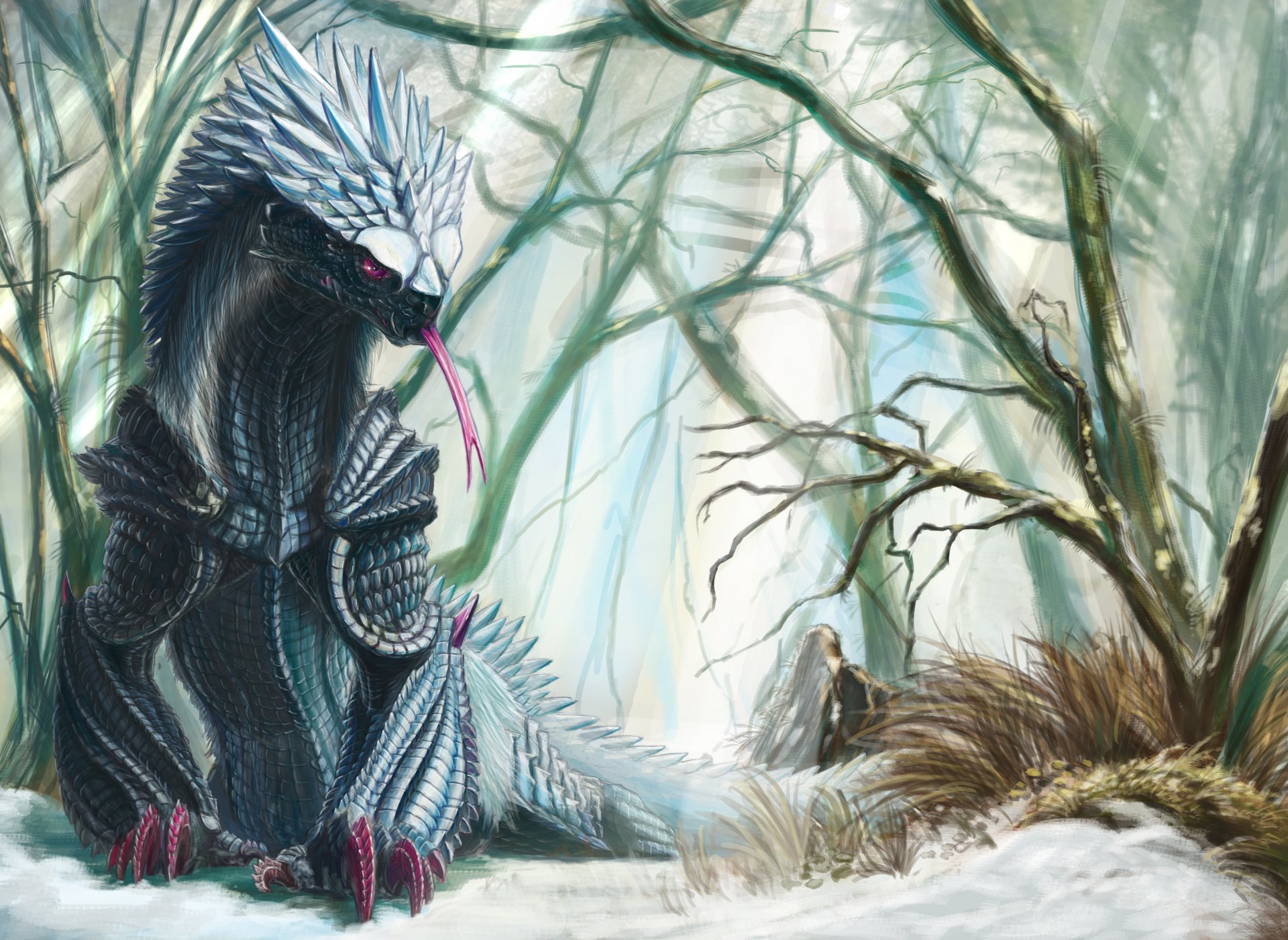 A majestic fantasy creature with scales and armor sits in a misty forest, contrasting with a distant figure among the trees. This HD PC desktop wallpaper immerses viewers in a magical world.